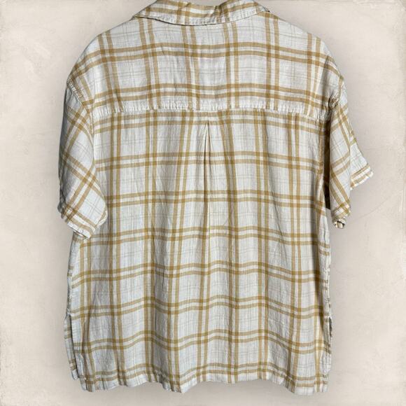 American Eagle Oversized Boyfriend Resort Shirt White Tan Plaid Large Top Blouse - Picture 2 of 4